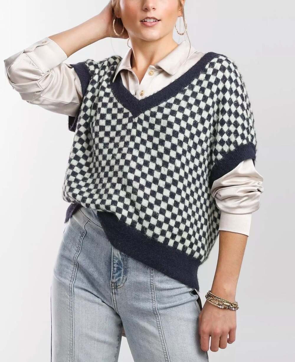 Free People Through The Motions Checkered V-Neck Sweater Vest, Size L